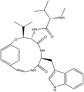 (3R,4S,7S)-7β-[(1H-Indol-3-yl)methyl]-3α-isopropyl-4α-[(S)-3-methyl-2-(methylamino)butyrylamino]-2-oxa-6,9-diazabicyclo[10.2.2]hexadeca-10,12,14(1),15-tetrene-5,8-dione Struktur