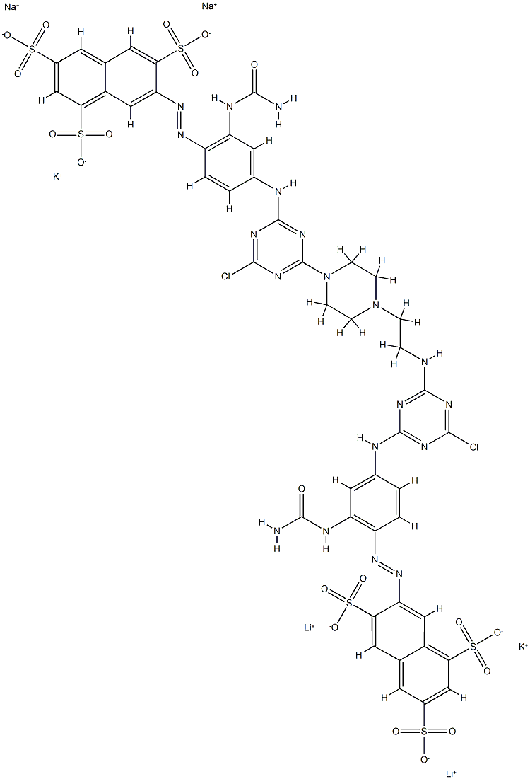 1,3,6-Naphthalenetrisulfonic acid, 7-2-(aminocarbonyl)amino-4-4-4-2-4-3-(aminocarbonyl)amino-4-(3,6,8-trisulfo-2-naphthalenyl)azophenylamino-6-chloro-1,3,5-triazin-2-ylaminoethyl-1-piperazinyl-6-chloro-1,3,5-triazin-2-ylaminophenylazo-, lithium potassium  Struktur