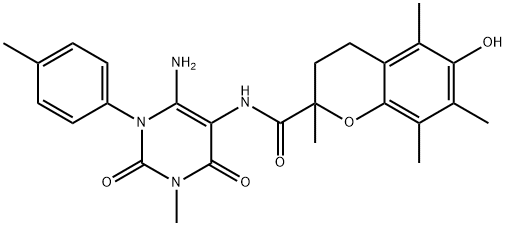 2H-1-Benzopyran-2-carboxamide,  N-[6-amino-1,2,3,4-tetrahydro-3-methyl-1-(4-methylphenyl)-2,4-dioxo-5-pyrimidinyl]-3,4-dihydro-6-hydroxy-2,5,7,8- Struktur