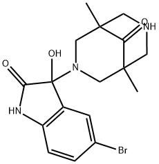 3-(5-bromo-3-hydroxy-2-oxo-2,3-dihydro-1H-indol-3-yl)-1,5-dimethyl-3,7-diazabicyclo[3.3.1]nonan-9-one Struktur