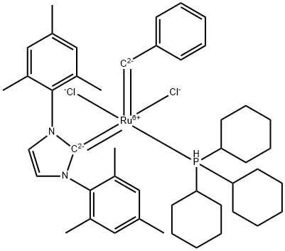 RutheniuM, dichloro[1,3-dihydro-1,3-bis(2,4,6-triMethylphenyl)-2H-iMidazol-2-ylidene](phenylMethylene)(tricyclohexylphosphine)-, (SP-5-41)- Struktur