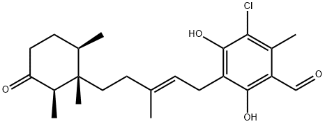 (+)-3-Chloro-4,6-dihydroxy-2-methyl-5-[(2E)-3-methyl-5-[(1S)-1,2β,6β-trimethyl-3-oxocyclohexane-1α-yl]-2-pentenyl]benzaldehyde Struktur