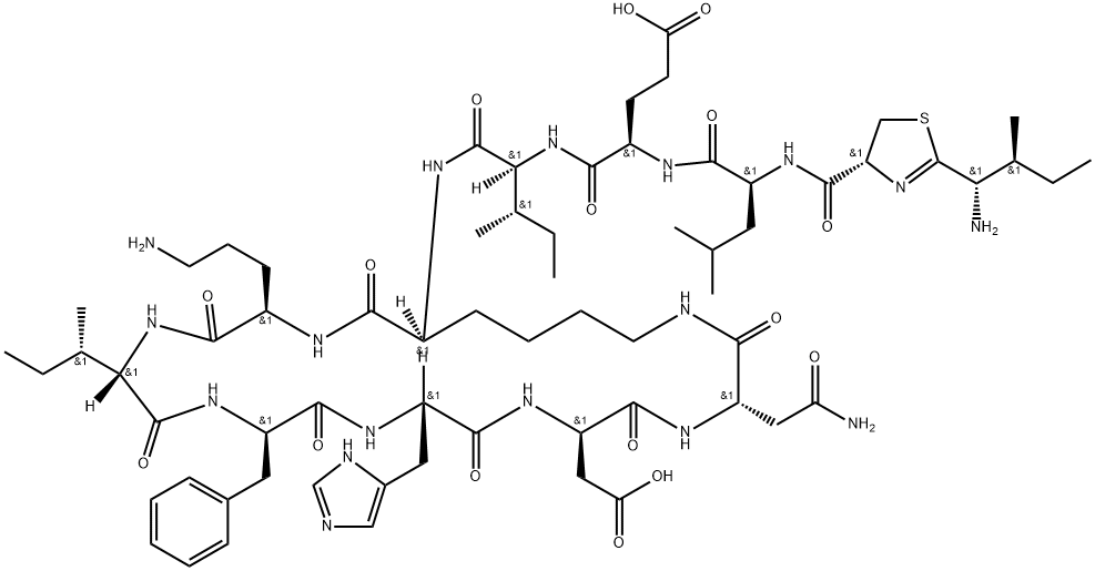 Bacitracin F, 1-[N-[[2-(1-amino-2-methylbutyl)-4,5-dihydro-4-thiazolyl]carbonyl]-l-leucine]-  Struktur