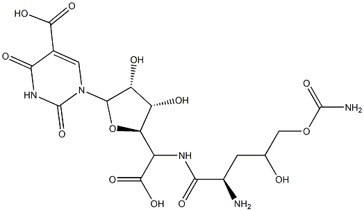 1-[5-[[2-Amino-5-O-(aminocarbonyl)-2,3-dideoxy-L-erythro-pentonoyl]amino]-5-deoxy-β-D-allofuranuronosyl]-1,2,3,4-tetrahydro-2,4-dioxo-5-pyrimidinecarboxylic acid Struktur