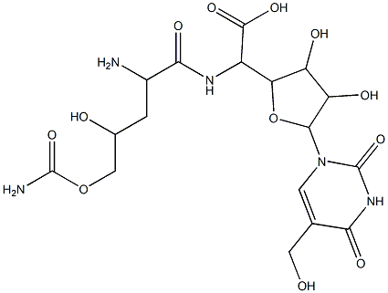 5-[[2-Amino-5-O-(aminocarbonyl)-2,3-dideoxy-L-erythro-pentonoyl]amino]-1,5-dideoxy-1-[3,4-dihydro-5-(hydroxymethyl)-2,4-dioxopyrimidin-1(2H)-yl]-β-D-allofuranuronic acid Struktur