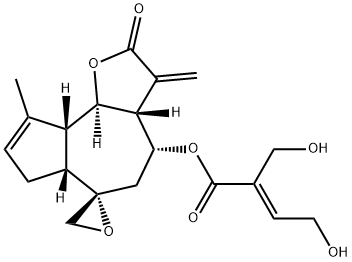 (E)-4-Hydroxy-2-(hydroxymethyl)-2-butenoic acid [(3aR,6S)-3,3a,4,5,6aβ,7,9aβ,9bα-octahydro-9-methyl-3-methylene-2-oxospiro[azuleno[4,5-b]furan-6(2H),2'-oxiran]-4α-yl] ester Struktur