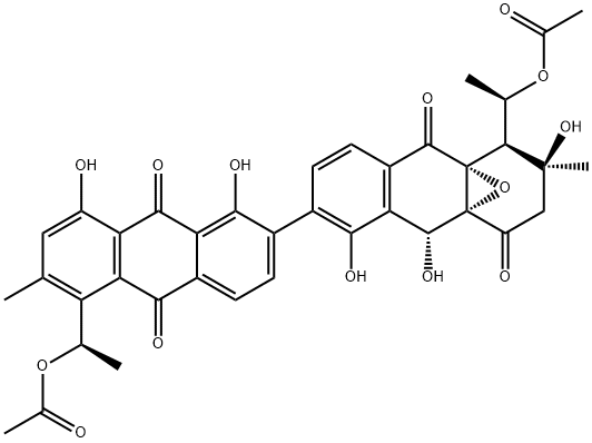 (αR,α'R)-1',2',3',4'β,9,9',10,10'-Octahydro-1,3'α,8,8',9'β-pentahydroxy-4'aβ,9'aβ-oxy-1',9,10,10'-tetraoxo-α,α',3,3'-tetramethyl-7,7'-bi(4-anthracenemethanol)α,α'-diacetate Struktur