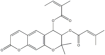 [Z,(-)]-2-Methyl-2-butenoic acid 7,8-dihydro-8,8-dimethyl-7-[(3-methyl-1-oxo-2-butenyl)oxy]-2-oxo-2H,6H-benzo[1,2-b:5,4-b']dipyran-6-yl ester Struktur