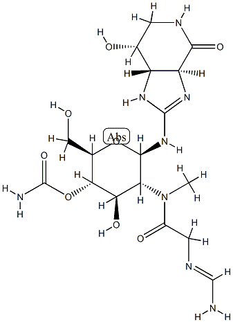 (3aS)-2-[[4-O-Aminocarbonyl-2-[[[(iminomethyl)amino]acetyl]methylamino]-2-deoxy-β-D-glucopyranosyl]amino]-1,3aβ,5,6,7,7aα-hexahydro-7β-hydroxy-4H-imidazo[4,5-c]pyridin-4-one Struktur