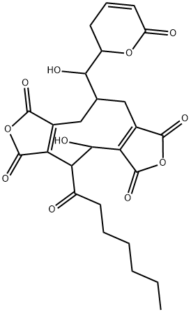 8-[(3,6-Dihydro-6-oxo-2H-pyran-2-yl)hydroxymethyl]-4-heptanoyl-3-hydroxy-1,5-cyclononadiene-1,2,5,6-tetracarboxylic 1,2:5,6-dianhydride Struktur