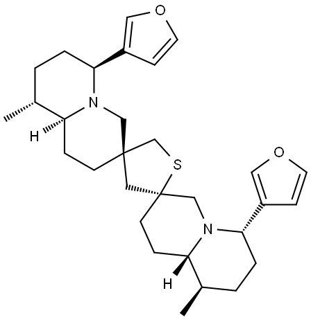 (3S,4'S,9aβ,9''aβ)-6α,6''α-Di-(3-furyl)-1,6,7,8,9,9a,1'',6'',7'',8'',9'',9a''-dodecahydro-9β,9''β-dimethyldispiro[2H-quinolizine-3(4H),2'(3'H)-thiophene-4'(5'H),3''(4''H)-[2H]quinolizine] Struktur