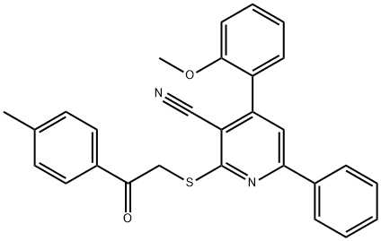 4-(2-methoxyphenyl)-2-{[2-(4-methylphenyl)-2-oxoethyl]sulfanyl}-6-phenylnicotinonitrile Struktur