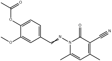 4-({[3-cyano-4,6-dimethyl-2-oxo-1(2H)-pyridinyl]imino}methyl)-2-methoxyphenyl acetate Struktur