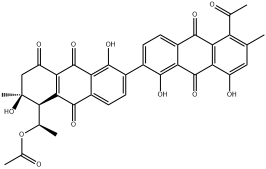 5'-Acetyl-6,7-dihydro-1,1',6β,8'-tetrahydroxy-5β-(1-hydroxyethyl)-6,6'-dimethyl[2,2'-bianthracene]-8,9,9',10,10'(5H)-pentone 5-acetate Struktur