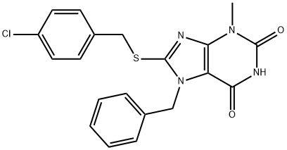 7-benzyl-8-[(4-chlorobenzyl)sulfanyl]-3-methyl-3,7-dihydro-1H-purine-2,6-dione Struktur