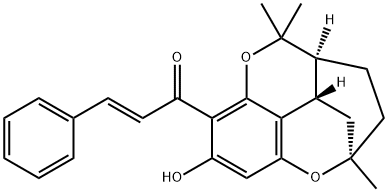 (E)-3-Phenyl-1-[(2R)-3,3aβ,4,5-tetrahydro-8-hydroxy-2,5,5-trimethyl-2α,4α-ethano-2H-pyrano[4,3,2-de]-1-benzopyran-7-yl]-2-propen-1-one Struktur