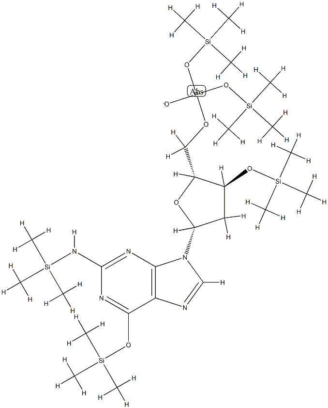 9-[3-O-(Trimethylsilyl)-5-O-[bis(trimethylsilyloxy)phosphinyl]-2-deoxy-β-D-erythro-pentofuranosyl]-6-(trimethylsilyloxy)-2-[(trimethylsilyl)amino]-9H-purine Struktur