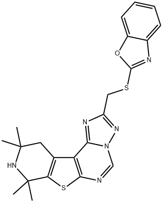 2-[(1,3-benzoxazol-2-ylsulfanyl)methyl]-8,8,10,10-tetramethyl-8,9,10,11-tetrahydropyrido[4',3':4,5]thieno[3,2-e][1,2,4]triazolo[1,5-c]pyrimidine Struktur