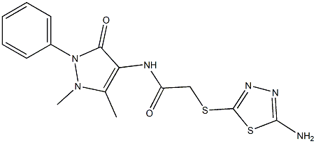 2-(5-Amino-[1,3,4]thiadiazol-2-ylsulfanyl)-N-(1,5-dimethyl-3-oxo-2-phenyl-2,3-dihydro-1H-pyrazol-4-yl)-acetamide Struktur