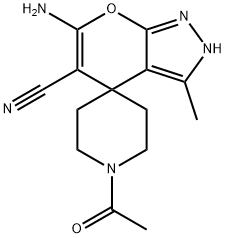 1'-acetyl-6-amino-5-cyano-3-methyl-2,4-dihydrospiro[pyrano[2,3-c]pyrazole-4,4'-piperidine] Struktur