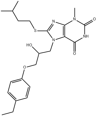 7-[3-(4-ethylphenoxy)-2-hydroxypropyl]-8-(isopentylsulfanyl)-3-methyl-3,7-dihydro-1H-purine-2,6-dione Struktur