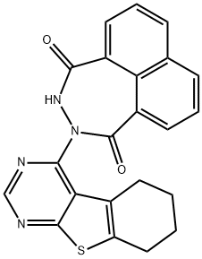 2-(5,6,7,8-tetrahydro[1]benzothieno[2,3-d]pyrimidin-4-yl)-2,3-dihydronaphtho[1,8-de][1,2]diazepine-1,4-dione Struktur