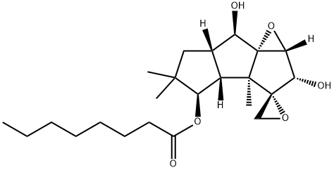 (1aR,3S,7aR)-1aβ,2,3bβ,4,5,6,6aβ,7-Octahydro-2α,7α-dihydroxy-4β-octanoyloxy-3aα,5,5-trimethylspiro[cyclopenta[4,5]pentaleno[1,6a-b]oxirene-3(3aH),2'-oxirane] Struktur