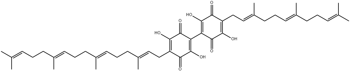 2,2',5,5'-Tetrahydroxy-4-[(2E,6E,10E)-3,7,11,15-tetramethyl-2,6,10,14-hexadecatetrenyl]-4'-[(2E,6E)-3,7,11-trimethyl-2,6,10-dodecatrienyl]-1,1'-bi[1,4-cyclohexadiene]-3,3',6,6'-tetrone Struktur