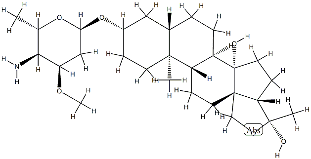 [(20R)-18,20-Epoxy-14β,20-dihydroxy-5α-pregnan-3β-yl]4-amino-3-O-methyl-2,4,6-trideoxy-α-L-arabino-hexopyranoside Struktur