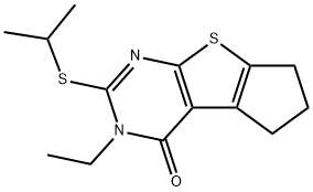 3-ethyl-2-(isopropylsulfanyl)-3,5,6,7-tetrahydro-4H-cyclopenta[4,5]thieno[2,3-d]pyrimidin-4-one Struktur