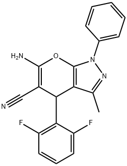 6-amino-4-(2,6-difluorophenyl)-3-methyl-1-phenyl-1,4-dihydropyrano[2,3-c]pyrazole-5-carbonitrile Struktur