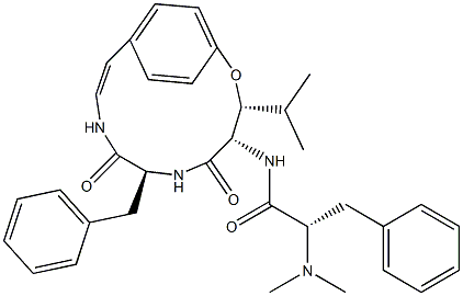 (S)-α-Dimethylamino-N-[(3R,4S,7S)-3-isopropyl-5,8-dioxo-7-benzyl-2-oxa-6,9-diazabicyclo[10.2.2]hexadeca-10,12,14(1),15-tetren-4-yl]benzenepropanamide Struktur