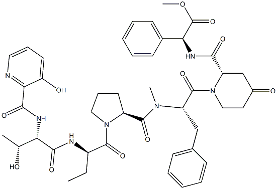 N-[(3-Hydroxy-2-pyridinyl)carbonyl]-L-Thr-D-Abu-L-prolyl-N-methyl-L-Phe-4-oxo-L-pipecoloyl-L-phenyl Gly-OMe Struktur