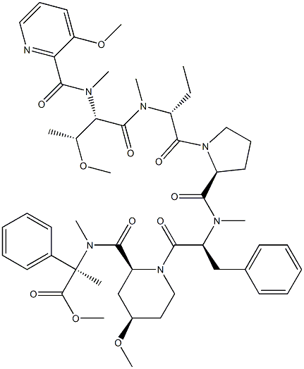 N-[(3-Methoxy-2-pyridinyl)carbonyl]-N,O-dimethyl-L-Thr-N-methyl-D-Abu-L-Pro-N-methyl-L-Phe-4α-methoxy-L-pipecoloyl-N-methyl-2-phenyl-L-Ala-OMe Struktur