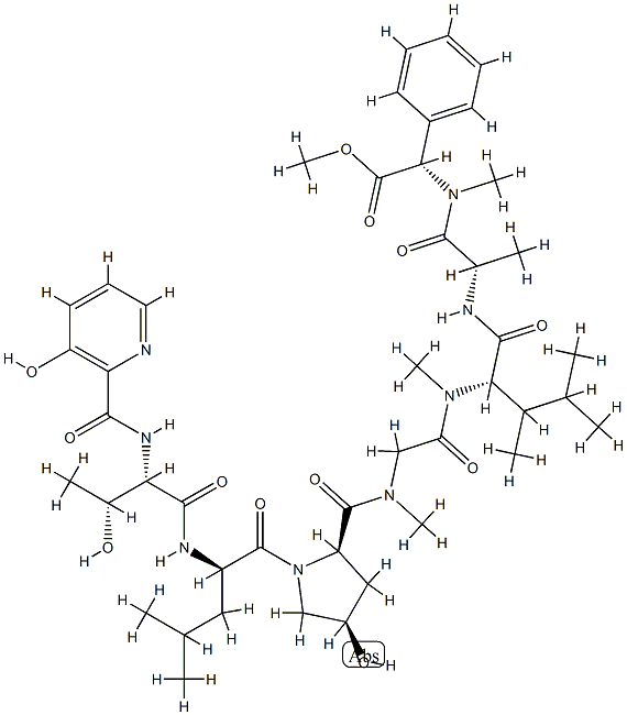 N-[(3-Hydroxy-2-pyridinyl)carbonyl]-L-Thr-D-Leu-D-c4Hyp-N-methyl-Gly-N,3-dimethyl-L-Leu-L-Ala-N-methyl-L-phenyl Gly-OMe Struktur