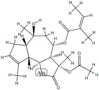 (3S)-3β-(Acetyloxy)-4β-(angeloyloxy)-3aβ,4,5,6,6aα,7,9aα,9bβ-octahydro-6α-hydroxy-3,6,9-trimethylazuleno[4,5-b]furan-2(3H)-one Struktur