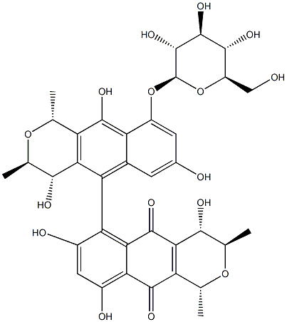 (1R,1'R,3'R,4'S)-9-(β-D-Glucopyranosyloxy)-3,3',4,4'-tetrahydro-4β,4',7,7',9',10-hexahydroxy-1β,1',3α,3'-tetramethyl-5,6'-bi-[1H-naphtho[2,3-c]pyran]-5',10'-dione Struktur