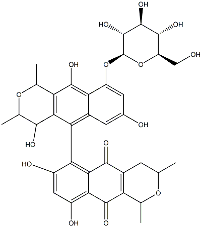 6-[9-(β-D-Glucopyranosyloxy)-3,4-dihydro-4,7,10-trihydroxy-1,3-dimethyl-1H-naphtho[2,3-c]pyran-5-yl]-3,4-dihydro-7,9-dihydroxy-1,3-dimethyl-1H-naphtho[2,3-c]pyran-5,10-dione Struktur