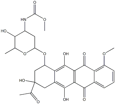 5,12-Naphthacenedione, 8-acetyl-7,8,9,10-tetrahydro-6,8,11-trihydroxy-1-methoxy-10-2,3,6-trideoxy-3-(methoxycarbonyl)amino-.alpha.-L-lyxo-hexopyranosyloxy-, (8S-cis)- Struktur