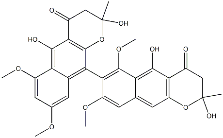 2,2',3,3'-Tetrahydro-2,2',5,5'-tetrahydroxy-6,6',8,8'-tetramethoxy-2,2'-dimethyl-7,10'-bi[4H-naphtho[2,3-b]pyran]-4,4'-dione Struktur