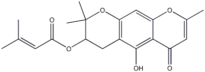 (-)-3-Methyl-2-butenoic acid 3,4-dihydro-5-hydroxy-2,2,8-trimethyl-6-oxo-2H,6H-benzo[1,2-b:5,4-b']dipyran-3-yl ester Struktur