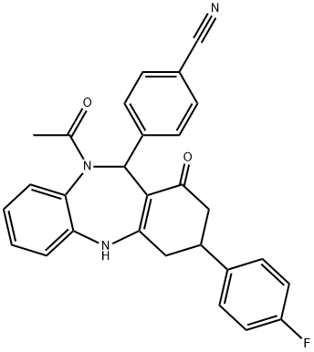 4-[10-acetyl-3-(4-fluorophenyl)-1-oxo-2,3,4,5,10,11-hexahydro-1H-dibenzo[b,e][1,4]diazepin-11-yl]benzonitrile Struktur