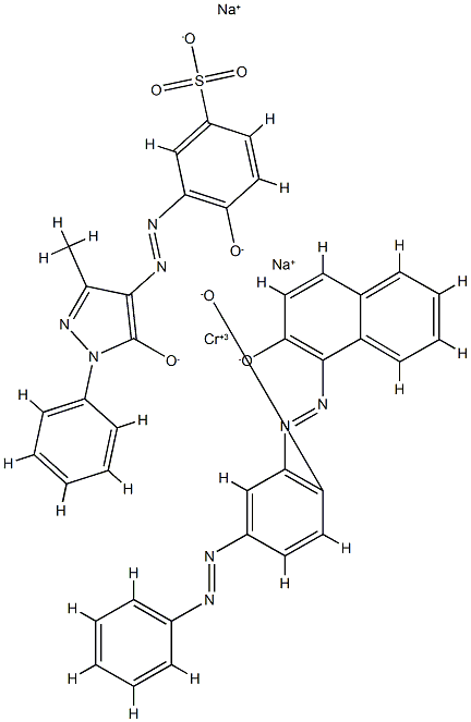 disodium [3-[(4,5-dihydro-3-methyl-5-oxo-1-phenyl-1H-pyrazol-4-yl)azo]-4-hydroxybenzenesulphonato(3-)][1-[[2-hydroxy-5-(phenylazo)phenyl]azo]-2-naphtholato(2-)]chromate(2-) Struktur