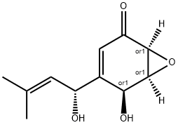 7-Oxabicyclo[4.1.0]hept-3-en-2-one, 5-hydroxy-4-[(1R)-1-hydroxy-3-methyl-2-butenyl]-, (1S,5S,6S)-rel- (9CI) Struktur