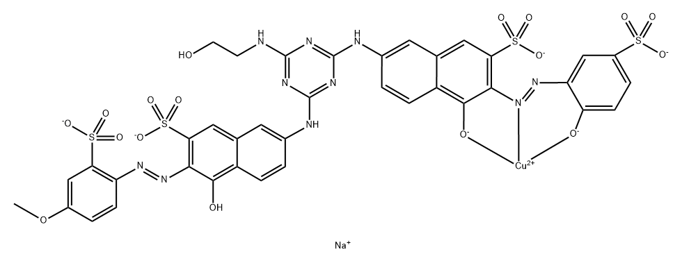 Cuprate(4-), [4-hydroxy-7-[[4-[(2-hydroxyethyl)amino]-6-[[5-hydroxy-6-[(2-hydroxy-5-sulfophenyl)azo]-7-sulfo-2-naphthalenyl]amino]-1,3,5-triazin-2-yl]amino]-3-[(4-methoxy-2-sulfophenyl)azo]-2-naphthalenesulfonato(6-)]-, tetrasodium Struktur