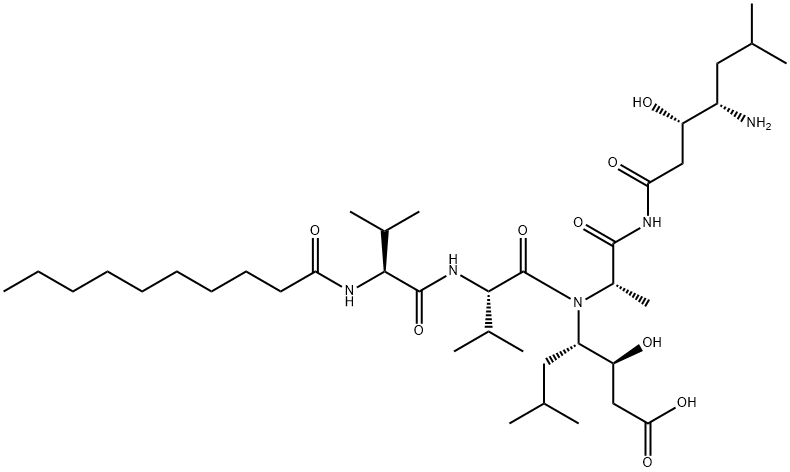 (3S,4S)-4-[[[(3S,4S)-4-[[N-(1-Oxodecyl)-L-Val-L-Val-]amino]-3-hydroxy-6-methylheptanoyl]-L-Ala-]amino]-3-hydroxy-6-methylheptanoic acid Struktur