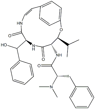 (S)-α-Dimethylamino-N-[(3S,4S,7S)-7-[(R)-phenylhydroxymethyl]-3-isopropyl-5,8-dioxo-2-oxa-6,9-diazabicyclo[10.2.2]hexadeca-10,12,14(1),15-tetren-4-yl]benzenepropanamide Struktur