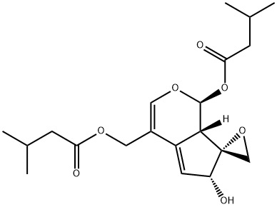 3-Methylbutanoic acid (1S,7R)-6,7aα-dihydro-6β-hydroxy-4-[(3-methyl-1-oxobutoxy)methyl]spiro[cyclopenta[c]pyran-7(1H),2'-oxiran]-1α-yl ester Struktur