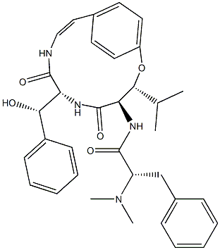 (αS)-α-Dimethylamino-N-[(3R,4R,7R)-7-[(S)-phenylhydroxymethyl]-3-isopropyl-5,8-dioxo-2-oxa-6,9-diazabicyclo[10.2.2]hexadeca-10,12,14(1),15-tetren-4-yl]benzenepropanamide Struktur