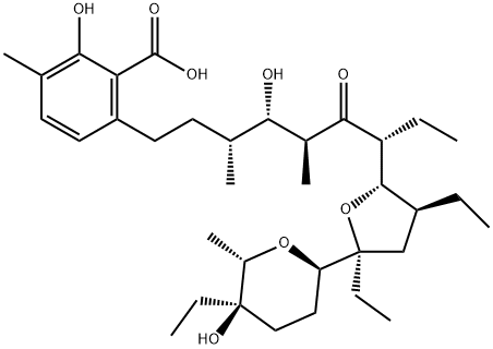 6-[(3R,4S,5S,7R)-7-[(2S,3S,5S)-3,5-Diethyl-5-[(2R,5R)-tetrahydro-5-ethyl-5-hydroxy-6α-methyl-2H-pyran-2-yl]tetrahydrofuran-2-yl]-4-hydroxy-3,5-dimethyl-6-oxononyl]-2-hydroxy-3-methylbenzoic acid Struktur